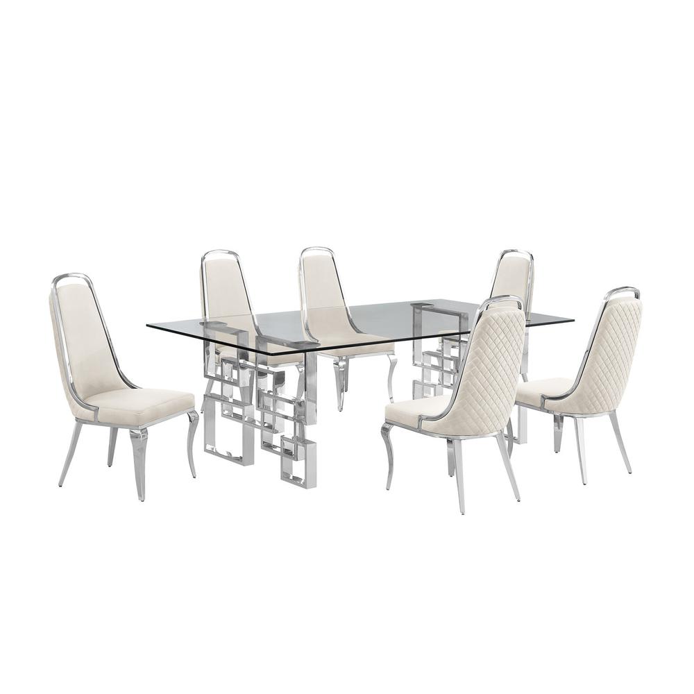 7-piece glam dining set with 6 Cream side chairs and one 95" glass dining table