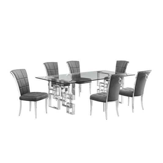 7-piece glam dining set with 6 dark grey chairs and a 95" long glass  table