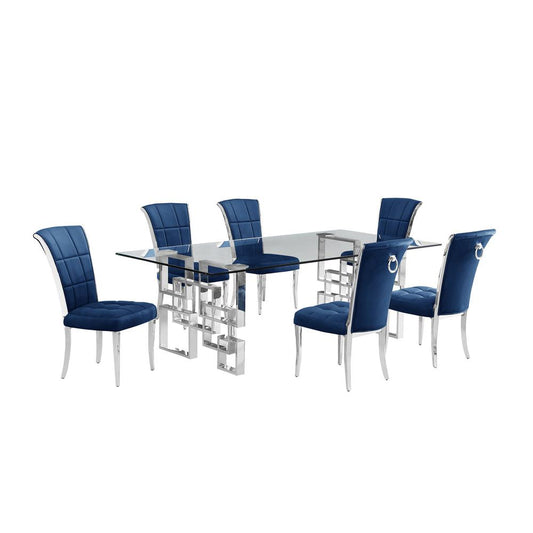 7-piece glam dining set with 6 navy blue  chairs and a 95" long glass  table