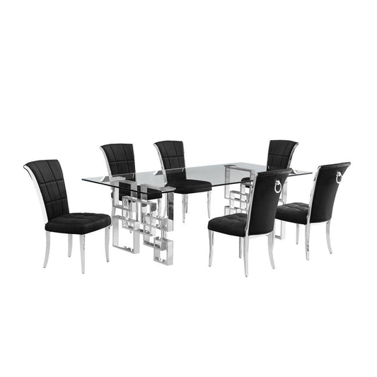 7-piece glam dining set with 6 black  chairs and a 95" long glass  table