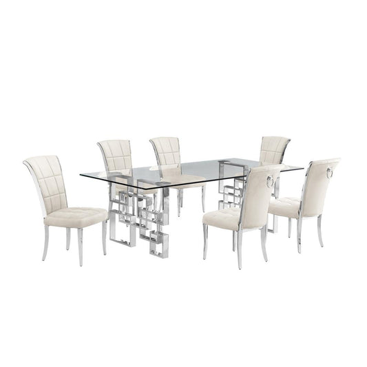 7-piece glam dining set with 6 cream  chairs and a 95" long glass  table