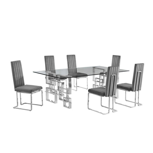 7-piece glam dining set with 6 Dark grey chairs and one 95" glass  table