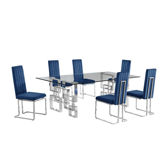 7-piece glam dining set with 6 Navy blue chairs and one 95" glass  table