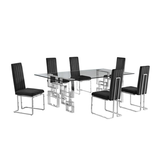 7-piece glam dining set with 6 Black chairs and one 95" glass  table