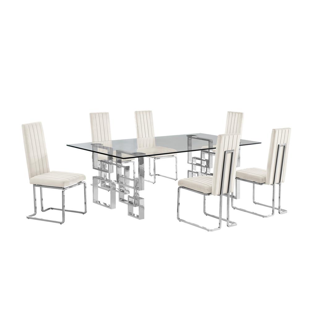 7-piece glam dining set with 6 Cream chairs and one 95" glass  table