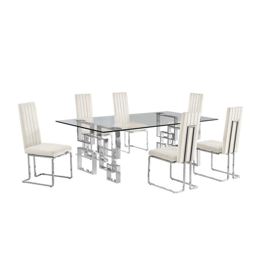 7-piece glam dining set with 6 Cream chairs and one 95" glass  table