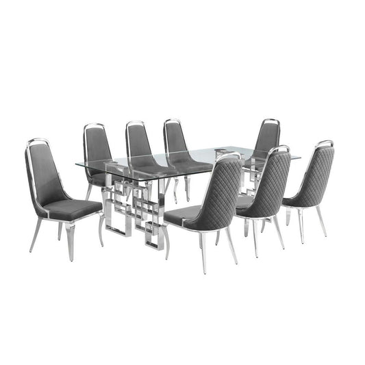 9-piece glam dining set with 8 Dark grey chairs and one 95" glass dining table