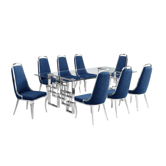 9-piece glam dining set with 8 Navy blue chairs and one 95" glass dining table