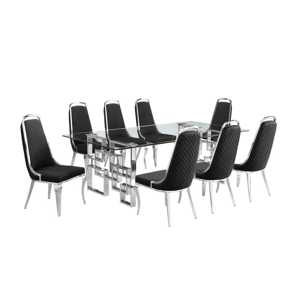 9-piece glam dining set with 8 Black side chairs and one 95" glass dining table