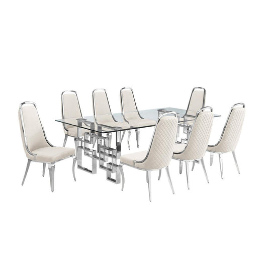 9-piece glam dining set with 8 Cream side chairs and one 95" glass dining table