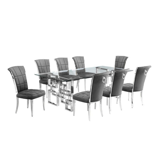 9-piece glam dining set with 8 dark grey chairs and a 95" long glass  table