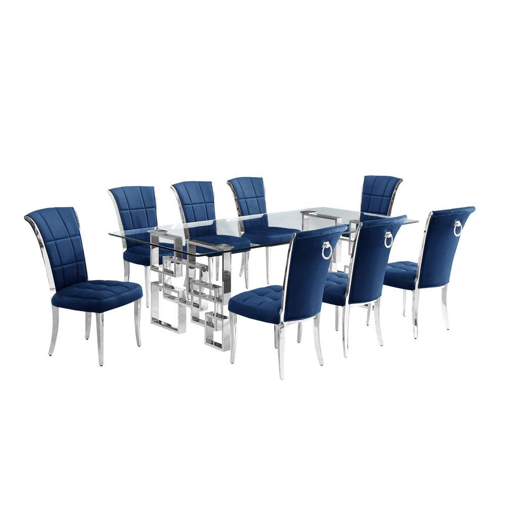 9-piece glam dining set with 8 navy blue chairs and a 95" long glass  table