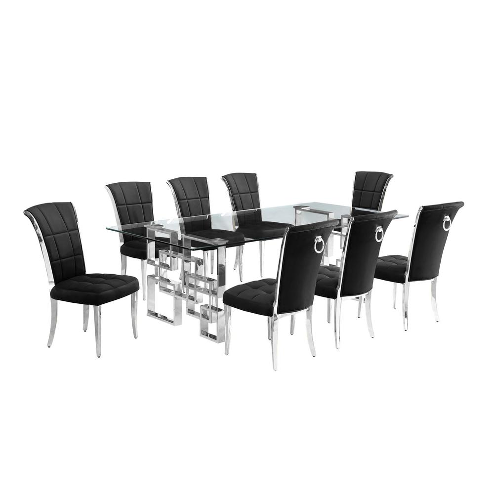 9-piece glam dining set with 8 black chairs and l 95" long glass  table