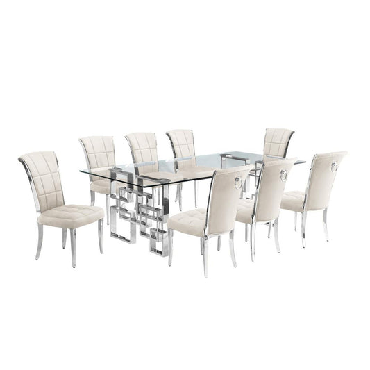 9-piece glam dining set with 8 cream chairs and r 95" long glass  table