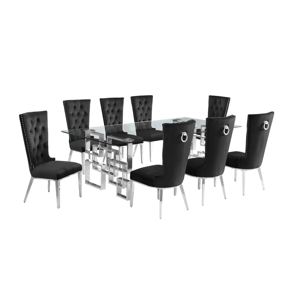 9-piece glam dining set with 8 black chairs and a 95" long glass  table