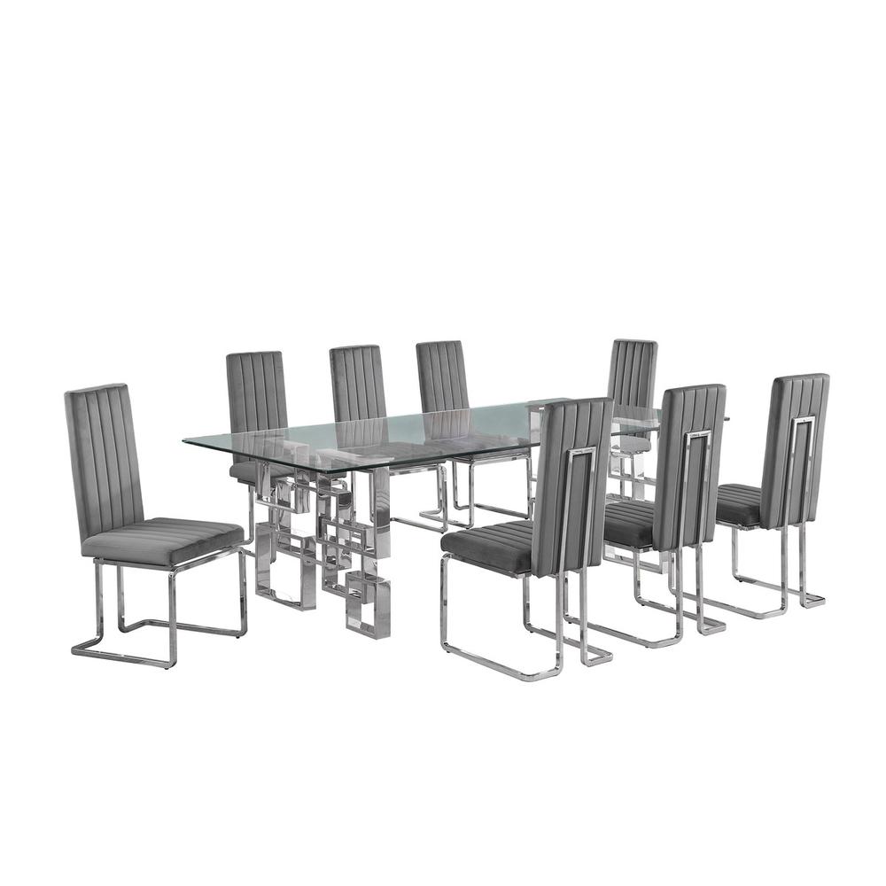 9-piece glam dining set with 8 Dark grey chairs and one 95" glass  table