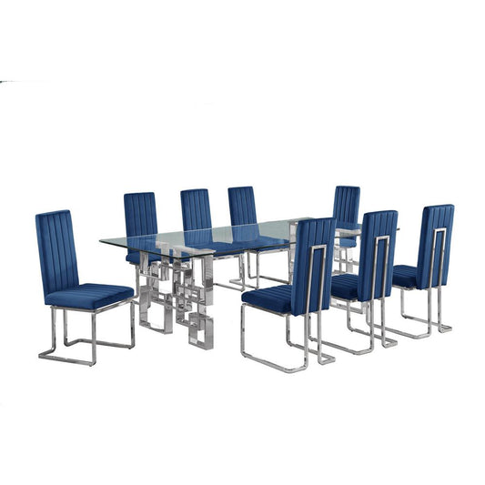 9-piece glam dining set with 8 Navy blue chairs and one 95"  glass  table