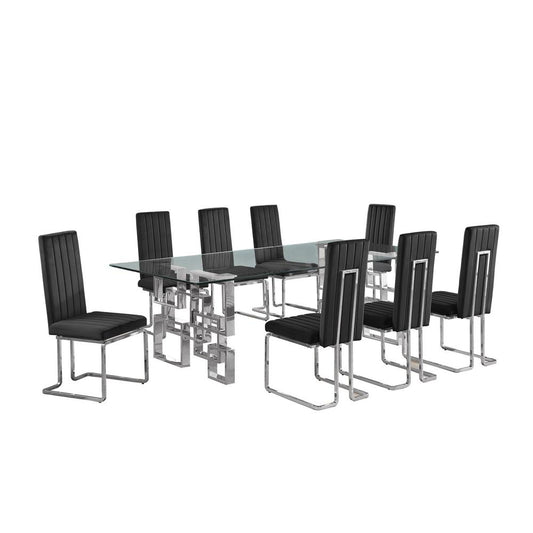 9-piece glam dining set with 8 Black chairs and 1one 95" glass  table