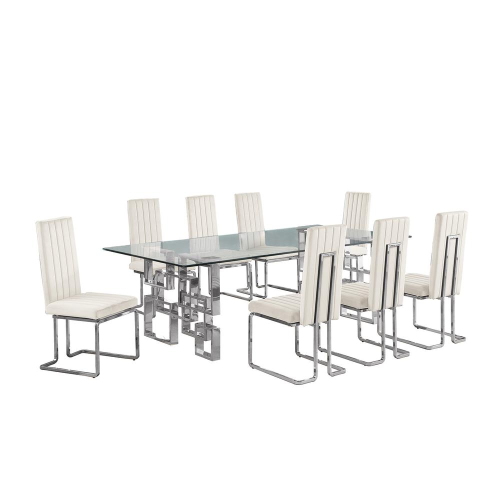 9-piece glam dining set with 8 Cream chairs and one 95" glass  table