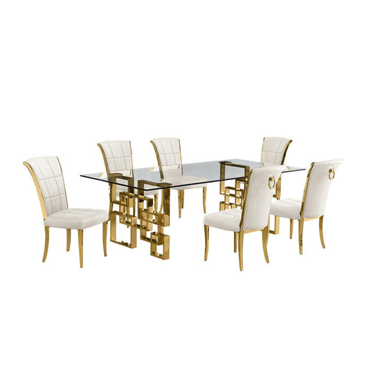 7-piece glam dining set with 6 cream side chair and a 95"long glass  table