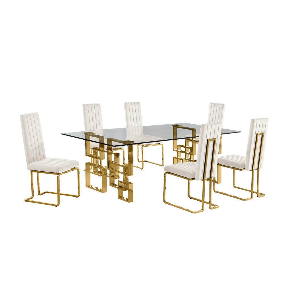 7-piece glam dining set with 6 Cream chairs and 95" glass  table