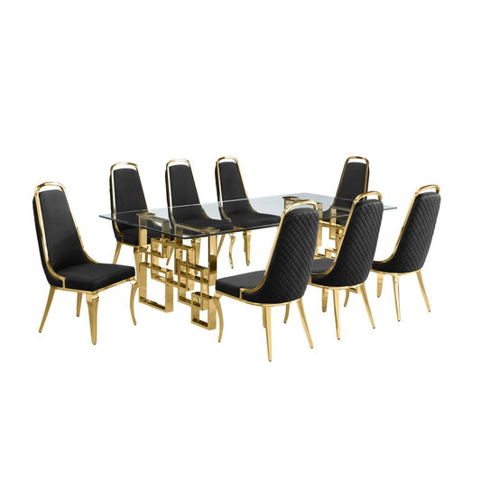 9-piece glam dining set with 8 Black side chairs and one 95" glass dinging table