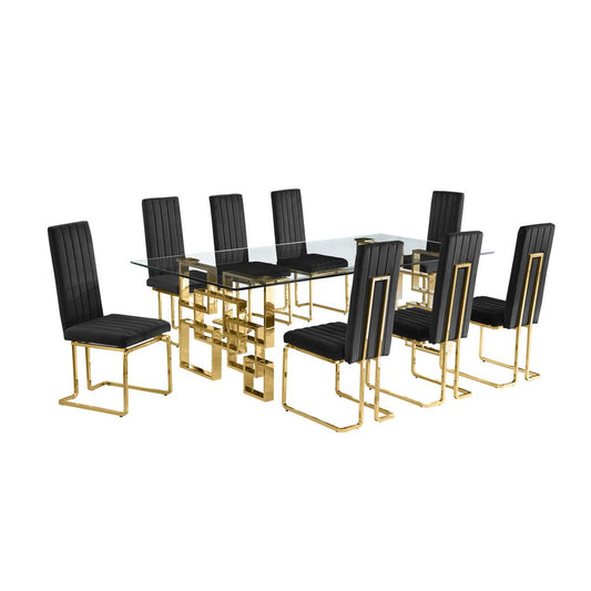 9-piece glam dining set with 8 Black chairs and one 95" glass  table