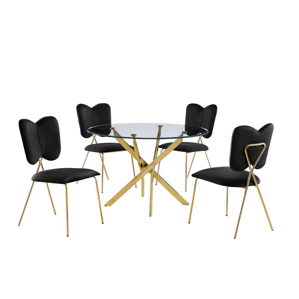 5pc dining Set- Round tempered glass dining table with 4 Black velvet chairs