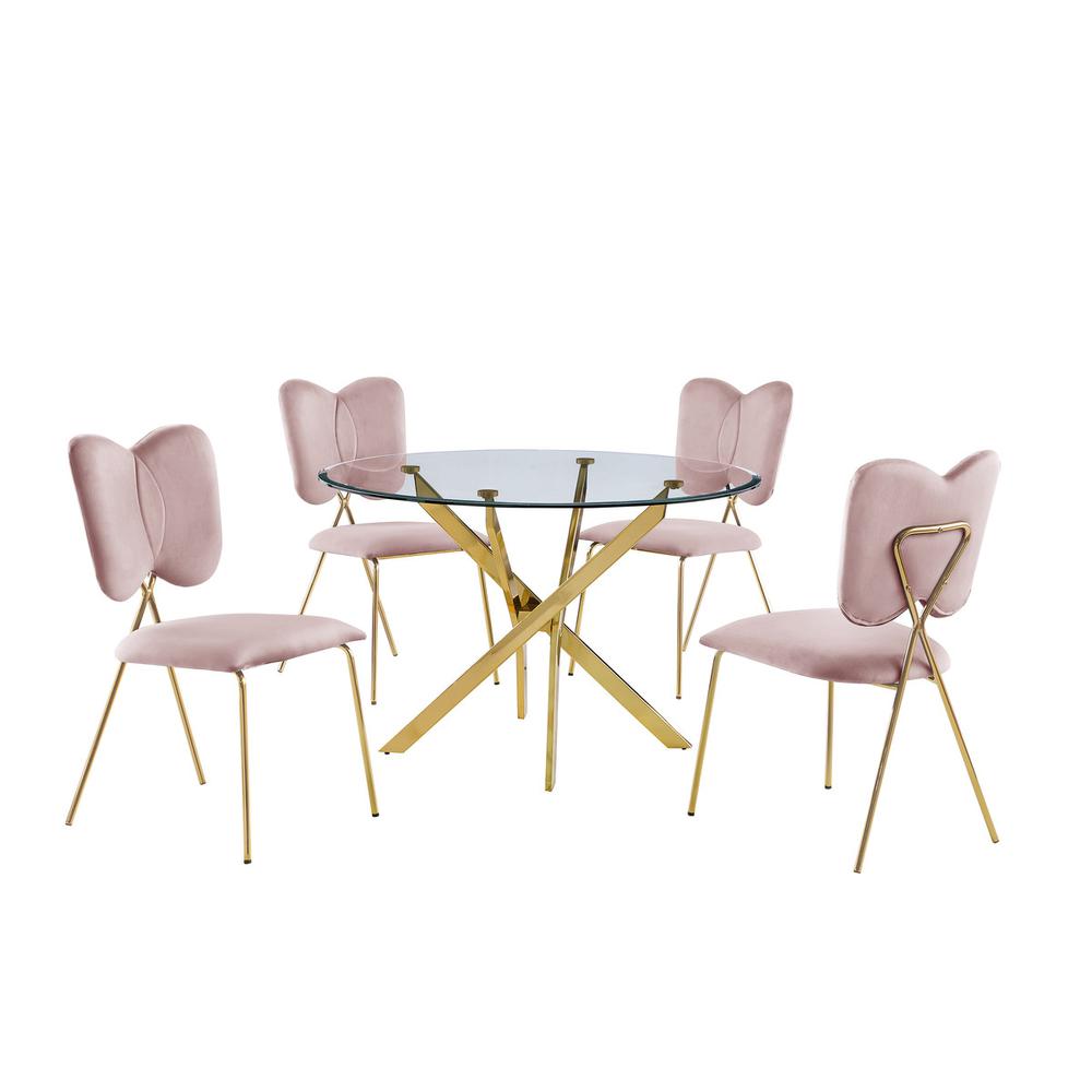 5pc dining Set- Round tempered glass dining table with 4 Pink velvet chairs