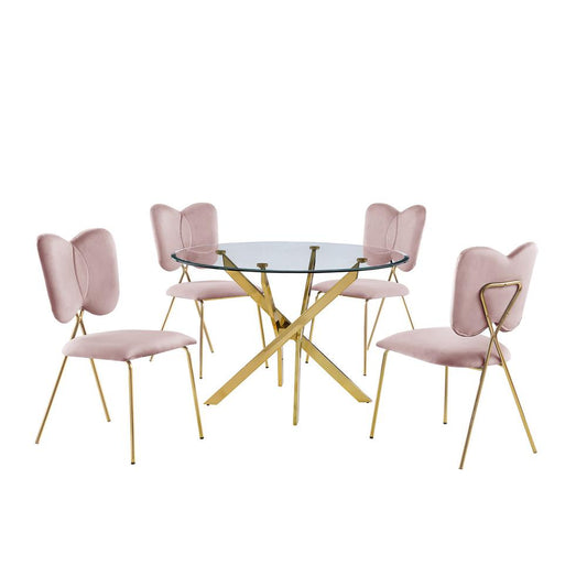 5pc dining Set- Round tempered glass dining table with 4 Pink velvet chairs