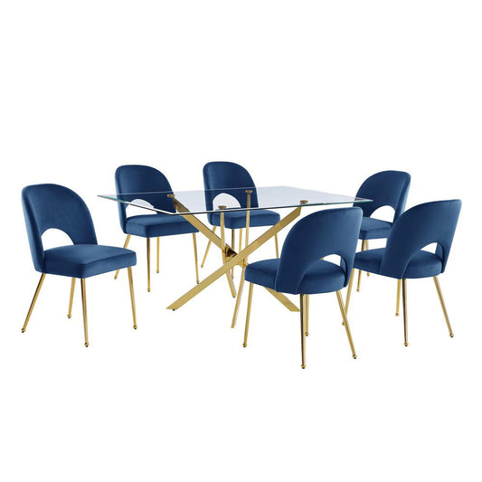 7pc dining Set- Rectangle - table with Navy Blue Velvet Chairs