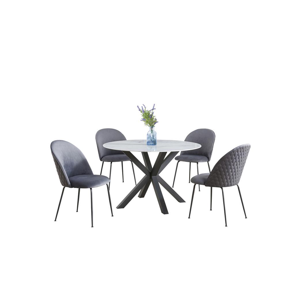 5pc round dining set- marble wrap glass table w/ 4 dark grey side chairs