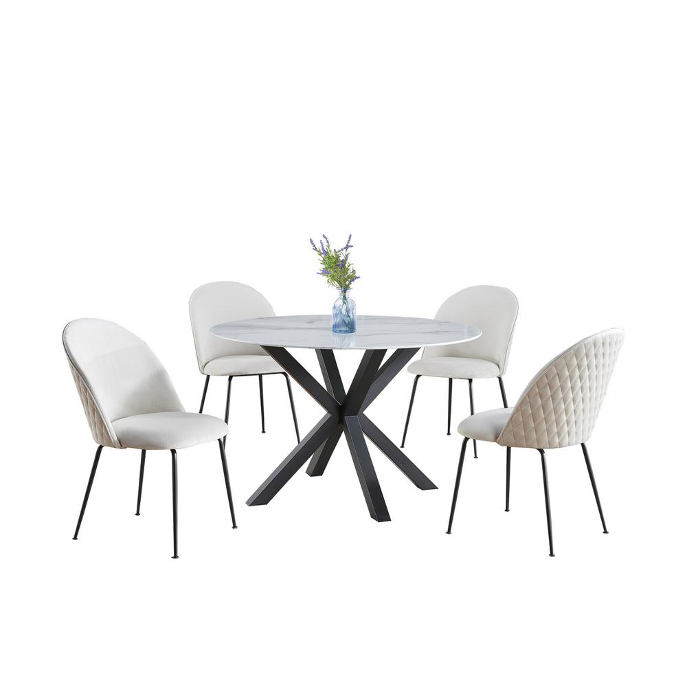 5pc round dining set- marble wrap glass table w/ 4 beige side chairs