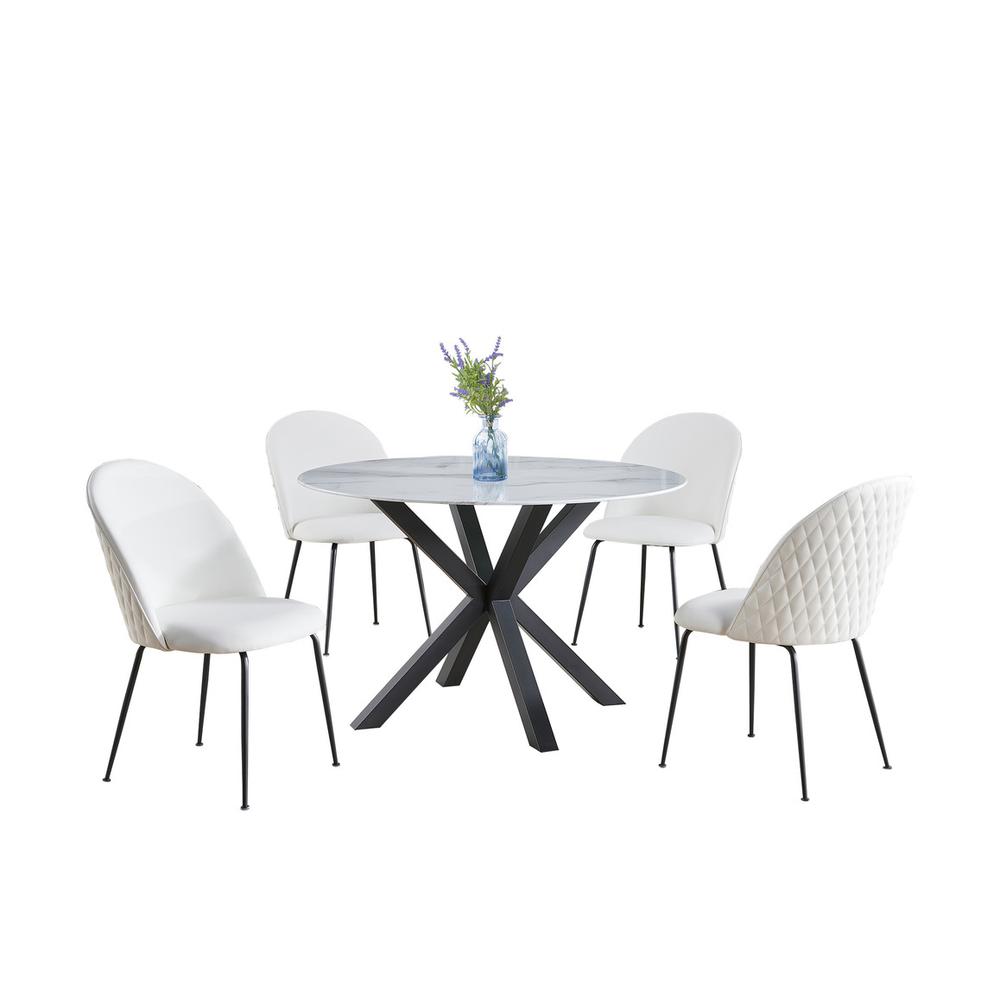 5pc round dining set- marble wrap glass table w/ 4 white side chairs