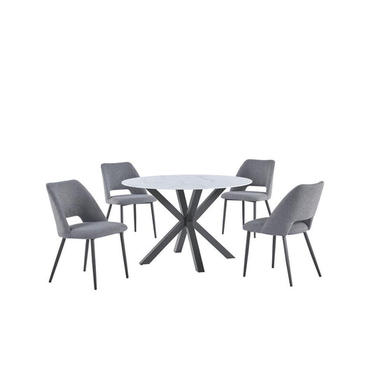 5pc round dining set- marble wrap glass table, 4 dark grey side chairs