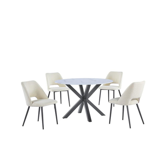 5pc round dining set- marble wrap glass table, 4 beige side chairs