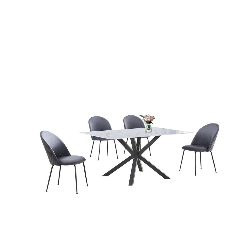 5pc dinging set- white marble wrap glass table w/ 4 dark grey side chairs