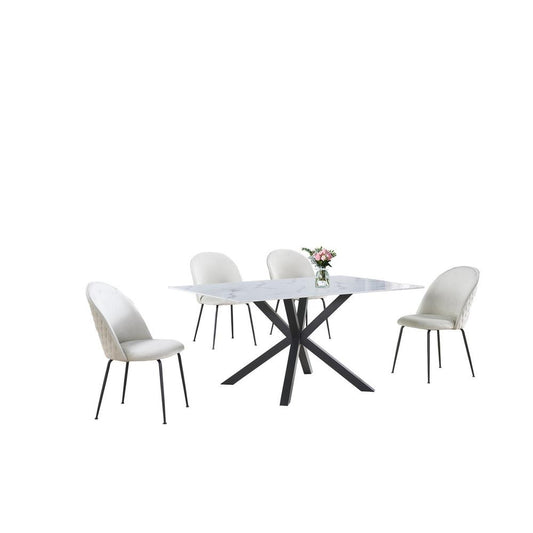 5pc dinging set- white marble wrap glass table w/ 4 beige side chairs