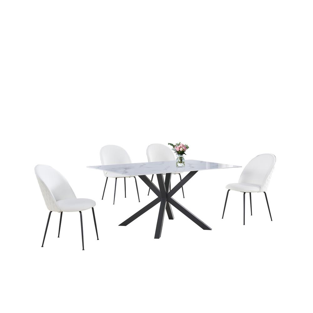 5pc dinging set- white marble wrap glass table w/ 4 white side chairs