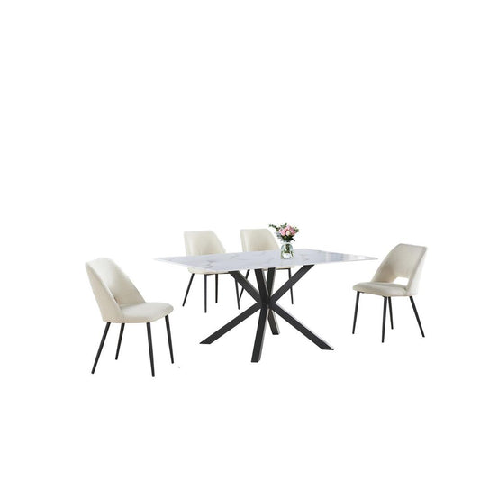 5pc dining set- rectangle marble wrap glass table set w/ 4 Beige color side chairs