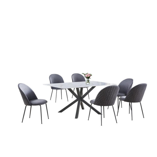 7pc dinging set- white marble wrap glass table w/ 6 dark grey side chairs