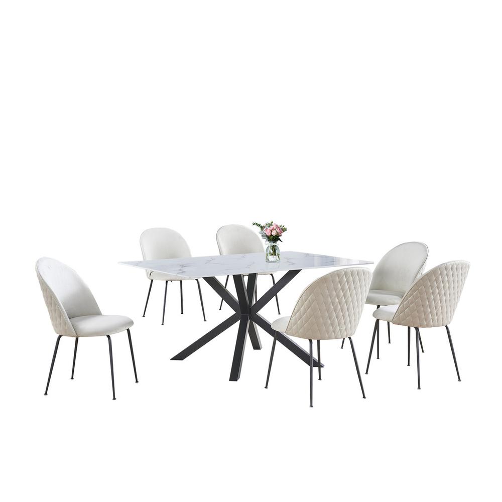 7pc dinging set- white marble wrap glass table w/ 6 beige side chairs