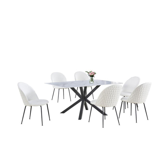 7pc dinging set- white marble wrap glass table w/ 6 white side chairs