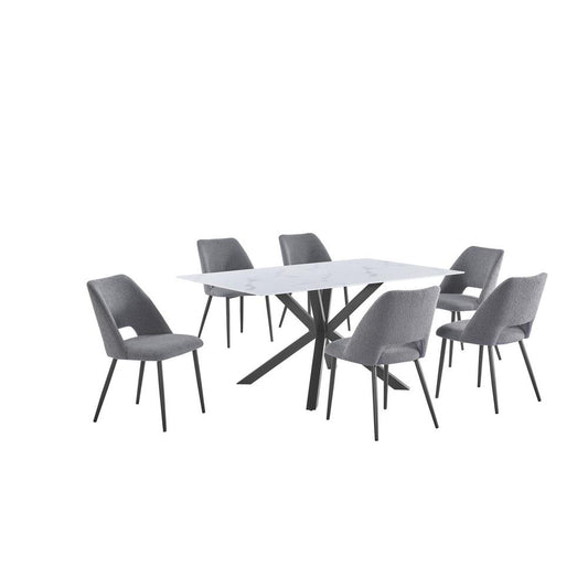 7pc dining set- rectangle marble wrap glass table w/ 6 Dark Grey color side chairs