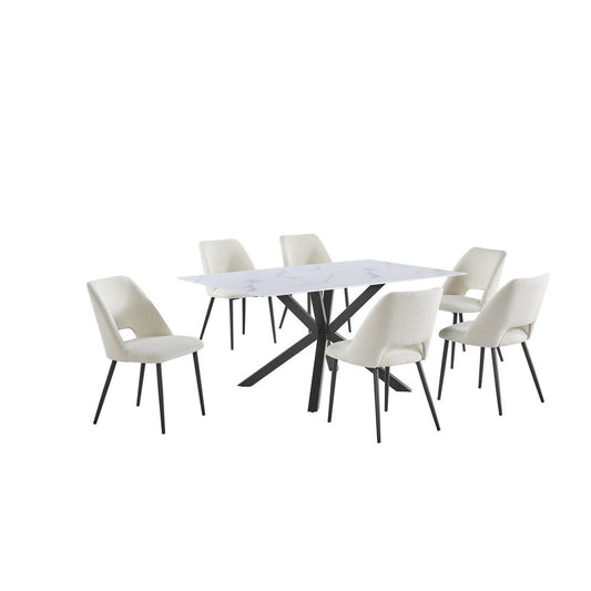 7pc dining set- rectangle marble wrap glass table w/ 6 Beige color side chairs