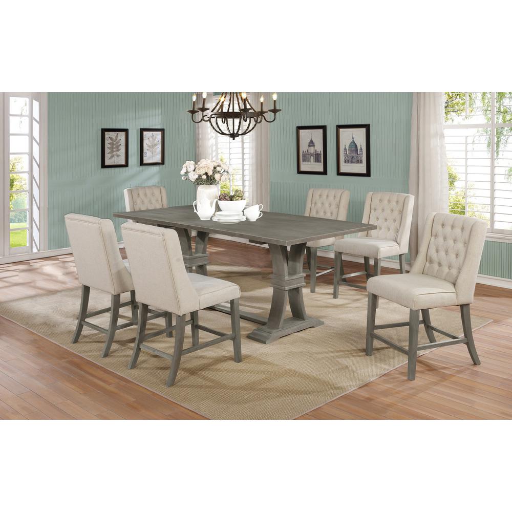 7 piece Counter Height set Rustic Finish with Beige linen fabric chairs