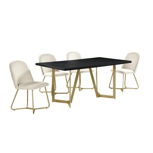 5pc rectangle dining table- Black wood top w/ 4 cream velvet chairs