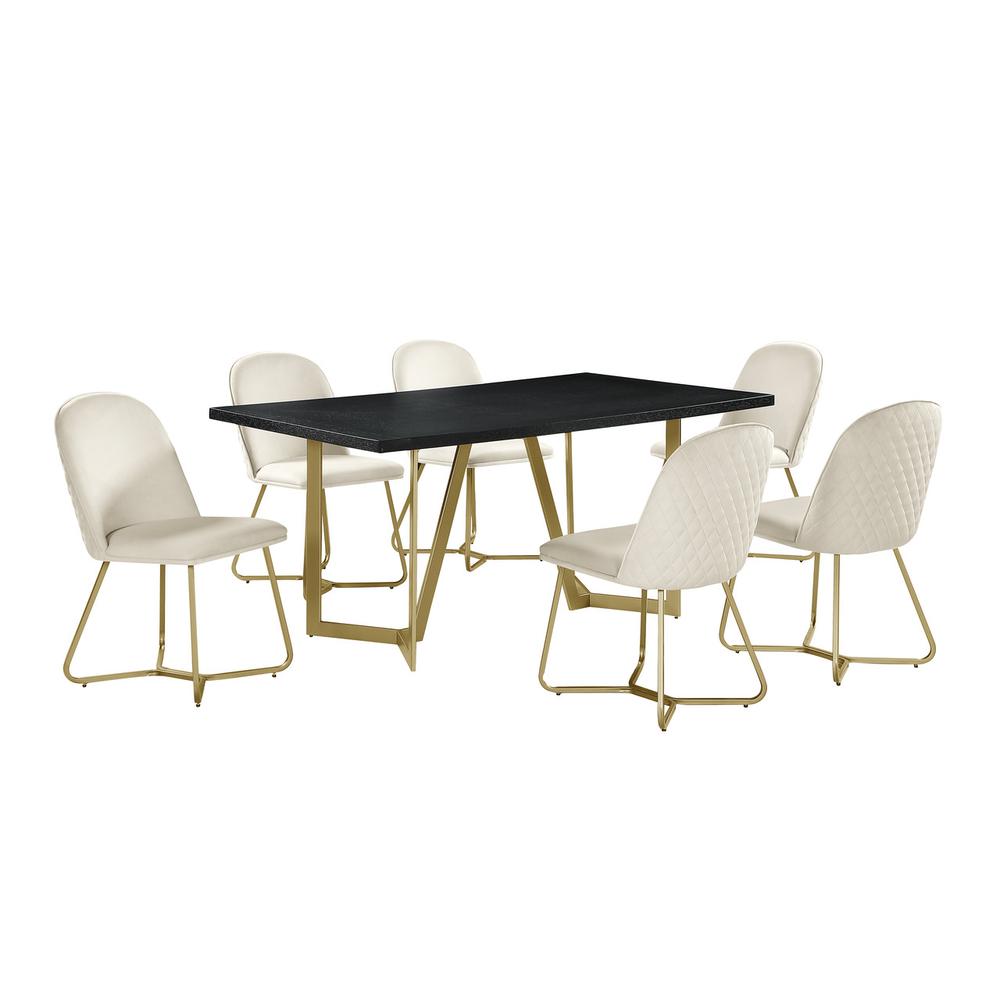 7pc rectangle dining table- Black wood top w/ 6 cream velvet side chairs