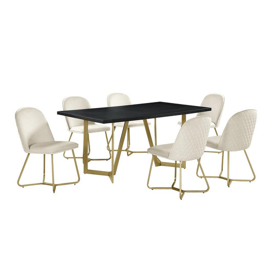 7pc rectangle dining table- Black wood top w/ 6 cream velvet side chairs