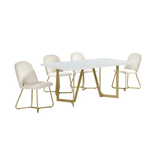 5pc rectangle dining table- White wood top w/ 4 cream velvet chairs